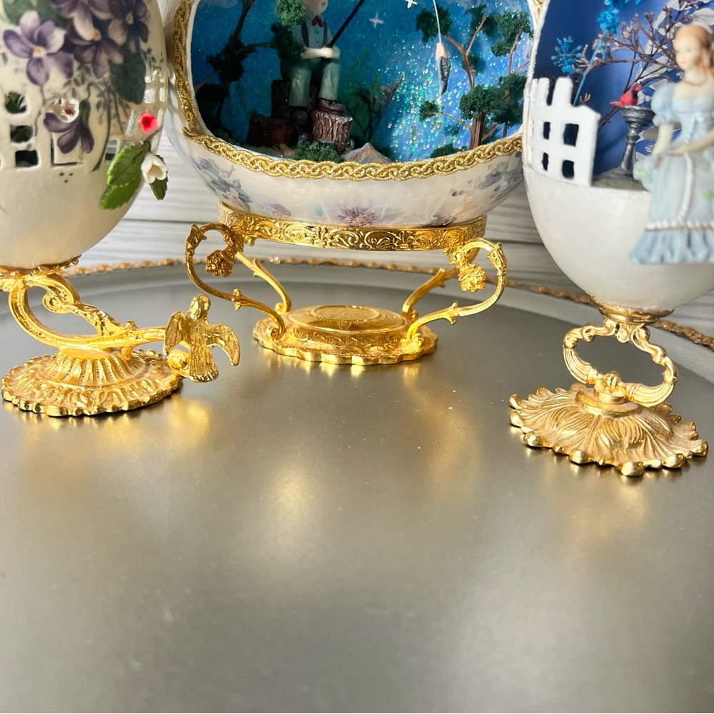 Vintage 3 Easter Egg Carving 3D Victorian Ceramic Faux Gold Stand Floral display - Picture 3 of 17